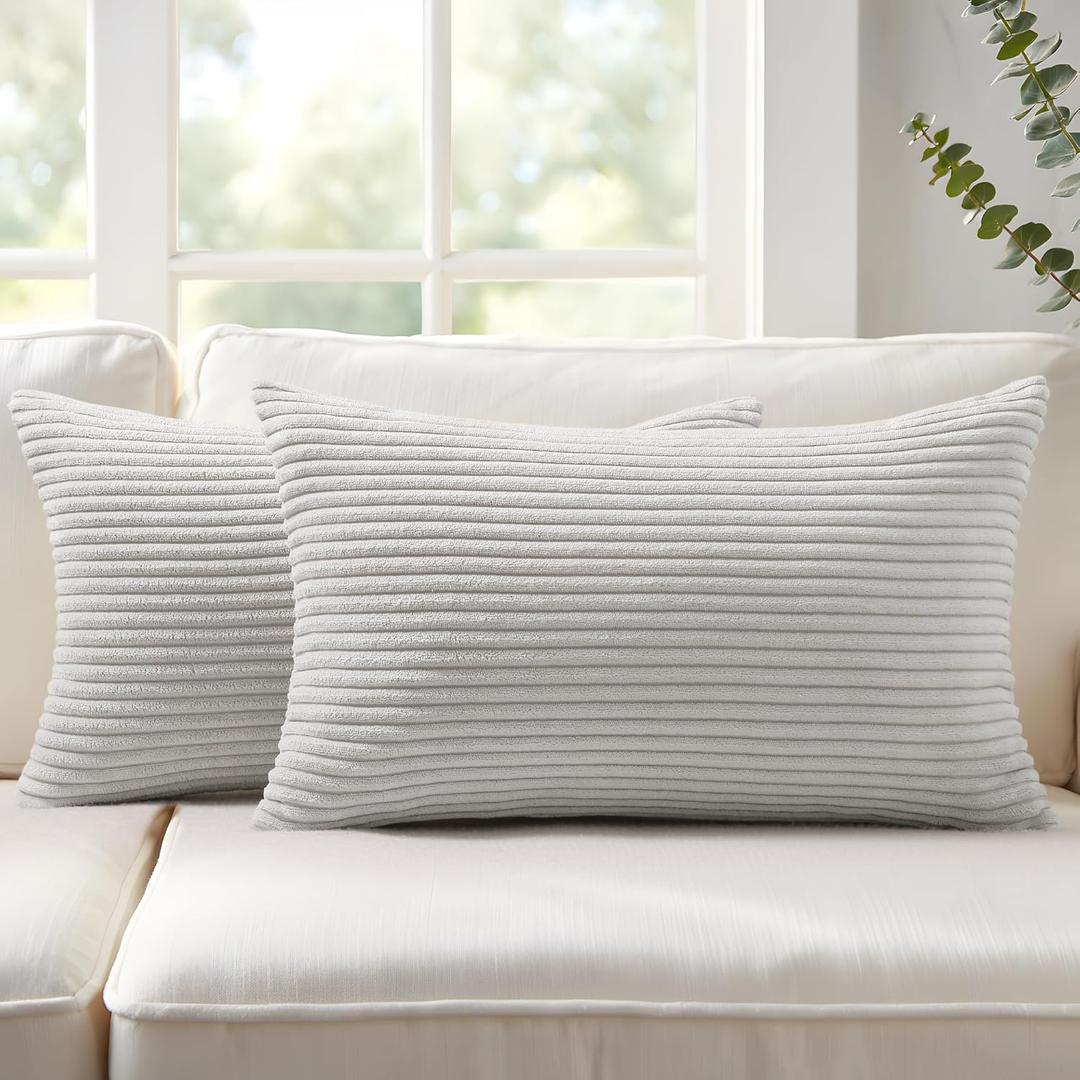 Mecatny Corduroy Decorative Throw Pillow Covers 12x20 Set of 2 for Sofa Living Room, Soft Neutral Boho Couch Pillow Covers for Home Decor, Grey