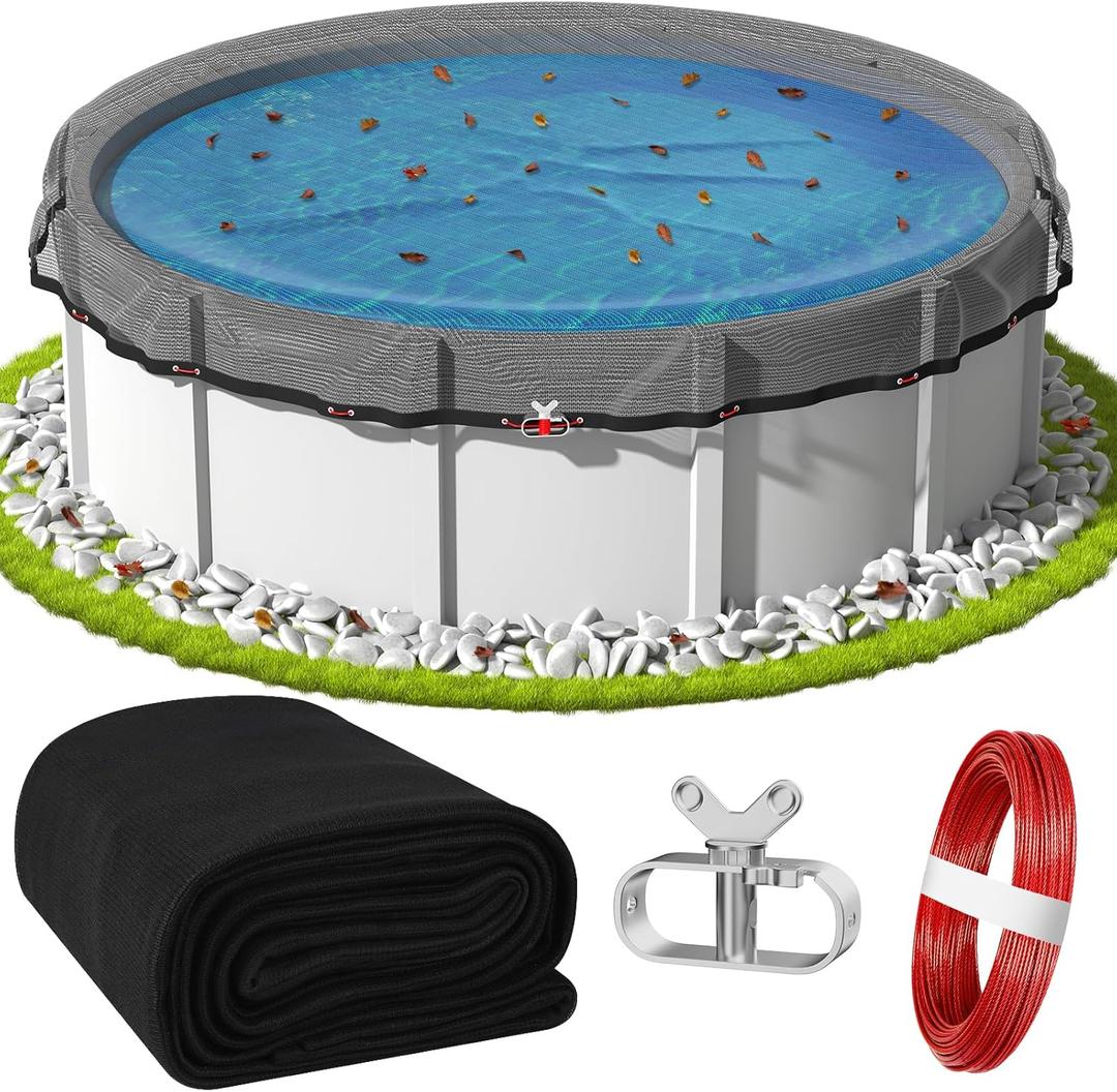 24FT Pool Leaf Net Cover Round Pool Net Cover for Above Ground Pool, Heavy Duty Pool Cover with Winch and Cable for Leaves and Debris