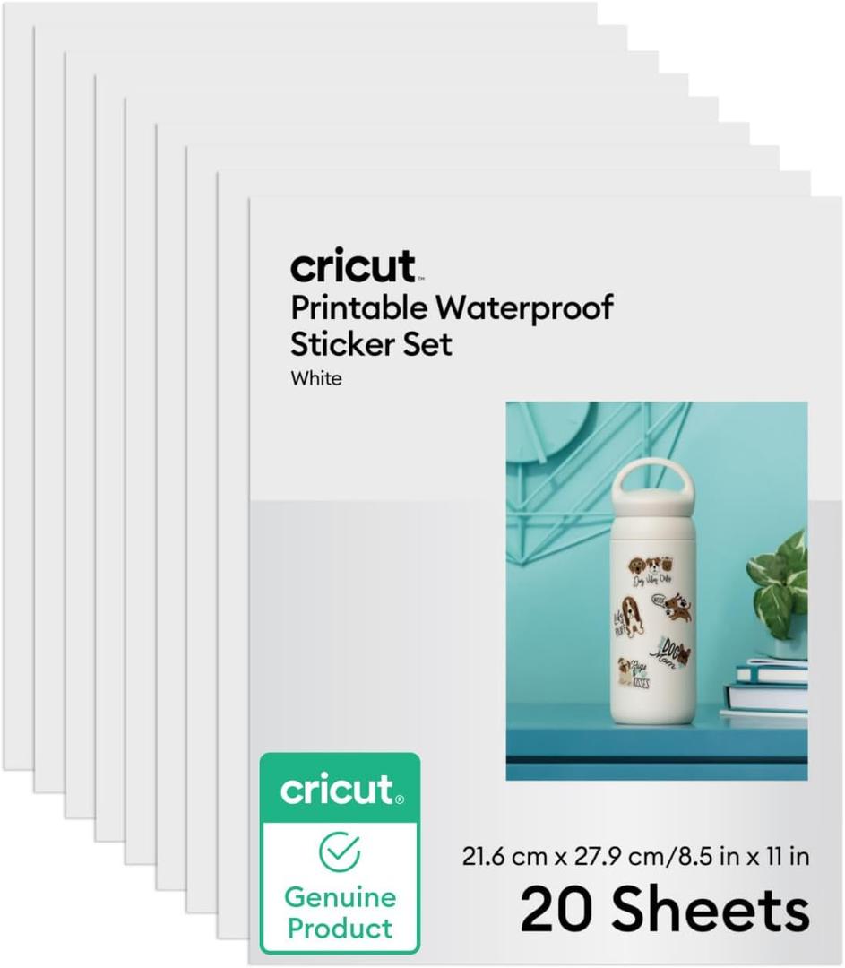 Cricut Printable Waterproof Sticker Set, 20 White Sheets (8.5" x 11") - Compatible with Inkjet Printers - For Joy Xtra, Explore, & Maker Machines