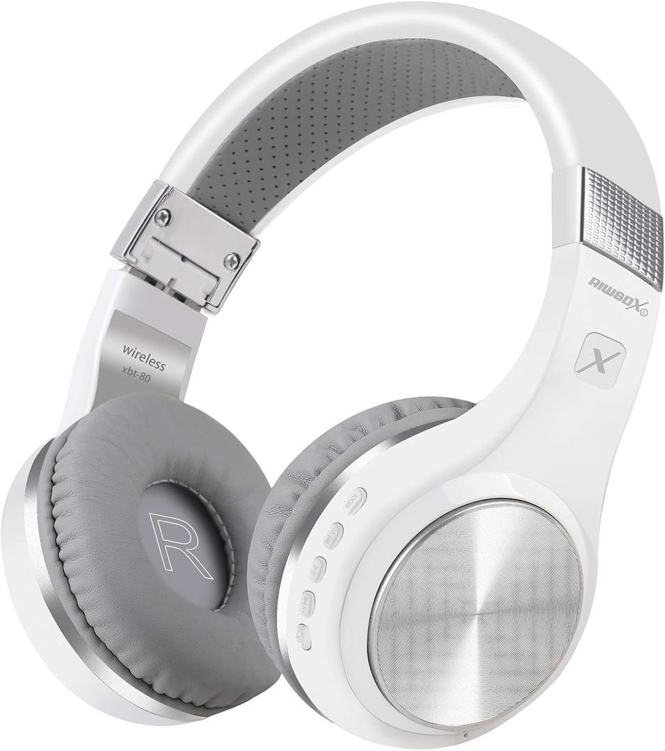 Riwbox Bluetooth Headphones, XBT-80 Folding Stereo Wireless Bluetooth Headphones Over Ear with Microphone and Volume Control, Wireless and Wired Headset for PC/Cell Phones/TV/iPad (Silver White)