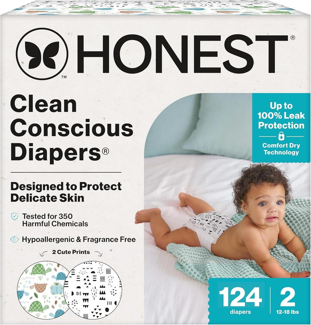 The Honest Company Clean Conscious Diapers for Delicate Skin | Up to 100% Leakproof | Hypoallergenic, Fragrance Free | Gender Neutral | Super Club Box, Size 2 (12-18 lbs), 124 Count (Prints May Vary) (Turtle Time + Pattern Play)