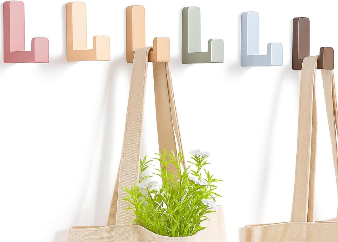 6 Pack Cute Kids Coat Wall Hooks Wooden Adhesive Decorative Colorful Wall Mounted Hangers Backpack Hooks for Hanging Keys Towel Clothes Bathroom Organization(Bohemian Color)