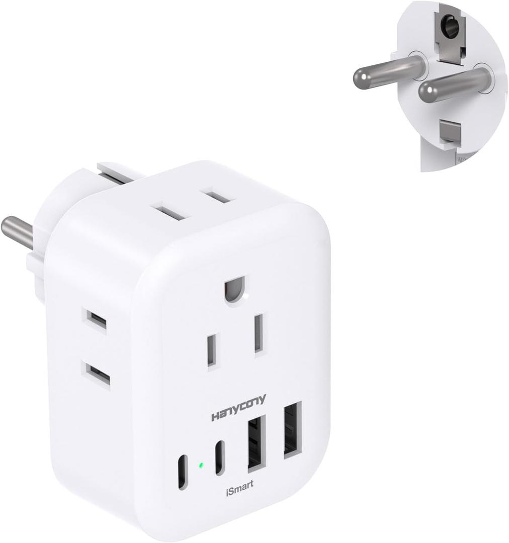 Type E F Plug Adapter, HANYCONY Germany France Travel Plug Adapter with 4 Outlets 4 USB Ports(2 USB C), European Power Adapter for US to Europe EU Spain Iceland Korea Greece Norway Russia German