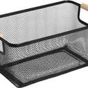 Metal Mesh Steel Basket, Large Wire Storage Organizer Basket Multi-function Hanging Kitchen Baskets with Wood Handle for Kitchen Bathroom Picnic Home, Rectangle-Black