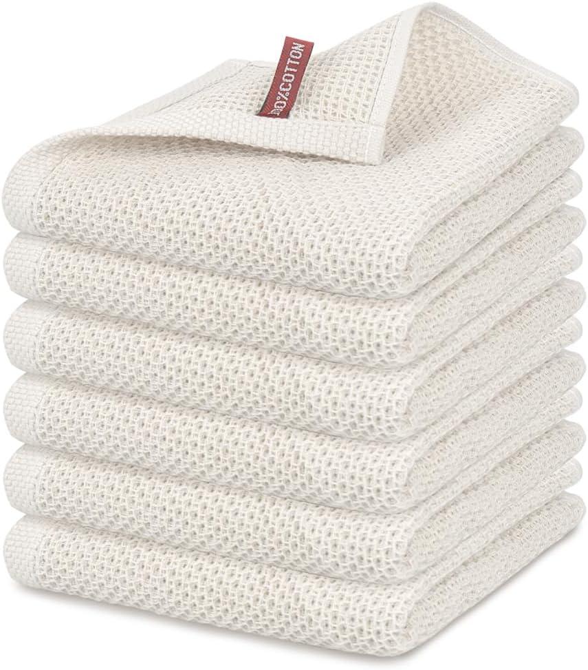 Nialnant 6 Pack Kitchen Towels, 100% Cotton Waffle Weave Dish Towels for Drying Dishes, Extra Soft & Absorbent Hand Towels-13 x 28 Inch, Beige