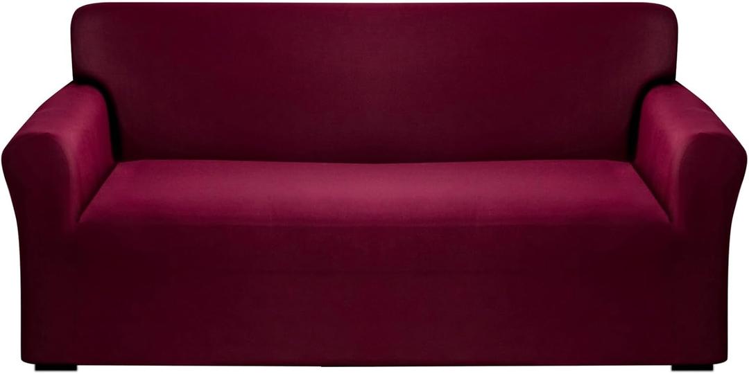 Qubjus Modern Couch Cover Stretch Loveseat Sofa Cover for 2 Cushion Couch Solid Color Non Slip Washable Furniture Protector Sofa Slipcover for Home Decoration(Medium, Burgundy) (Mediun)