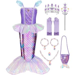 Meland Mermaid Dress - Little Mermaid Costume with Bag for Girls, Princess Dress Up for Birthday Gift, Halloween Costume (5-6 Years)
