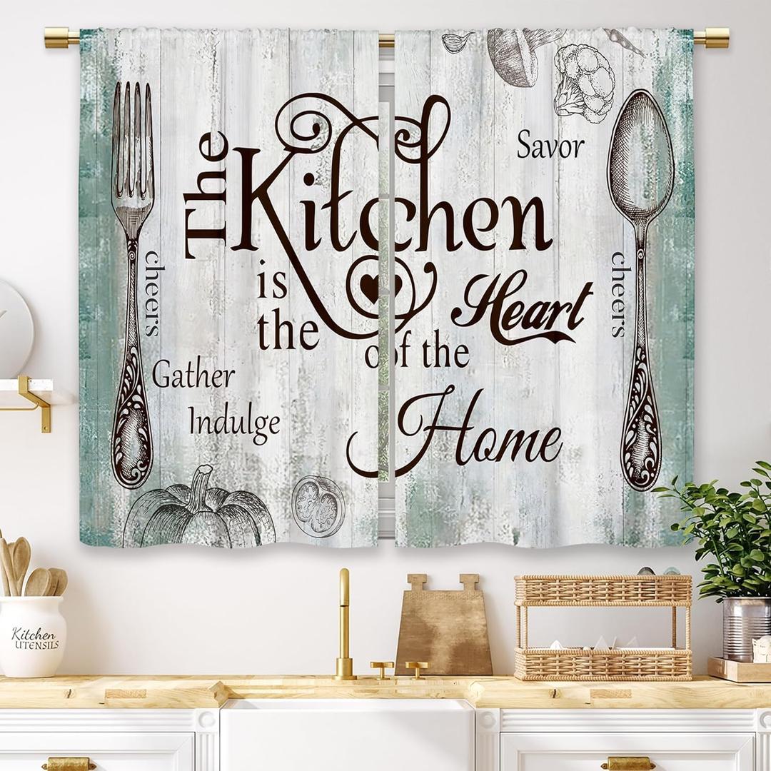 Teal Farmhouse Rustic Kitchen Curtains Wooden Wood Small Short Cafe Window Curtains Vintage Fork Spoon Retro Rod Pocket Bathroom Living Room Bedroom Drapes Treatment 2 Panels (27.5x39 Inch)