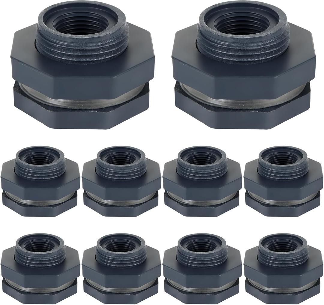 YOUNTHYE 10PCS Bulkhead Fitting 1/2 inch Double Threaded Bulkhead Water Tank Connector PVC Bulkheads Fitting Threaded Thru-Bulk Pipe Fittings for Rain Barrels, Aquariums, Ponds, Water Tanks