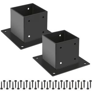 44 Post Base 2 Pcs,Deck Post Brackets,Inner Size 3.5"x3.5" Thick Steel Fence Post Anchor Base,Black Powder Coated Heavy Fence Post,for Supports Porch Railing Post Holders Pergola Brackets, 2Pack Post Base 4x4"