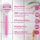 Razors for Women Include 2 Non-Slip Handles and 14 Blade Refills with a Shower Holder, 5 Premium Blades Women's Razors for Shaving with 360 Lubrication Reduces Irritation, Pink
