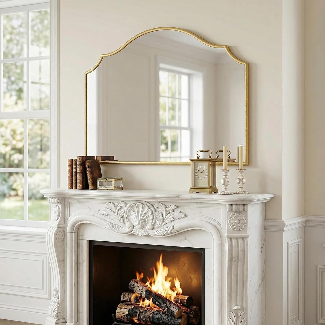 36"x26" Large Arched Gold Wall Mirror,Scalloped Edge Modern Bathroom Mirror