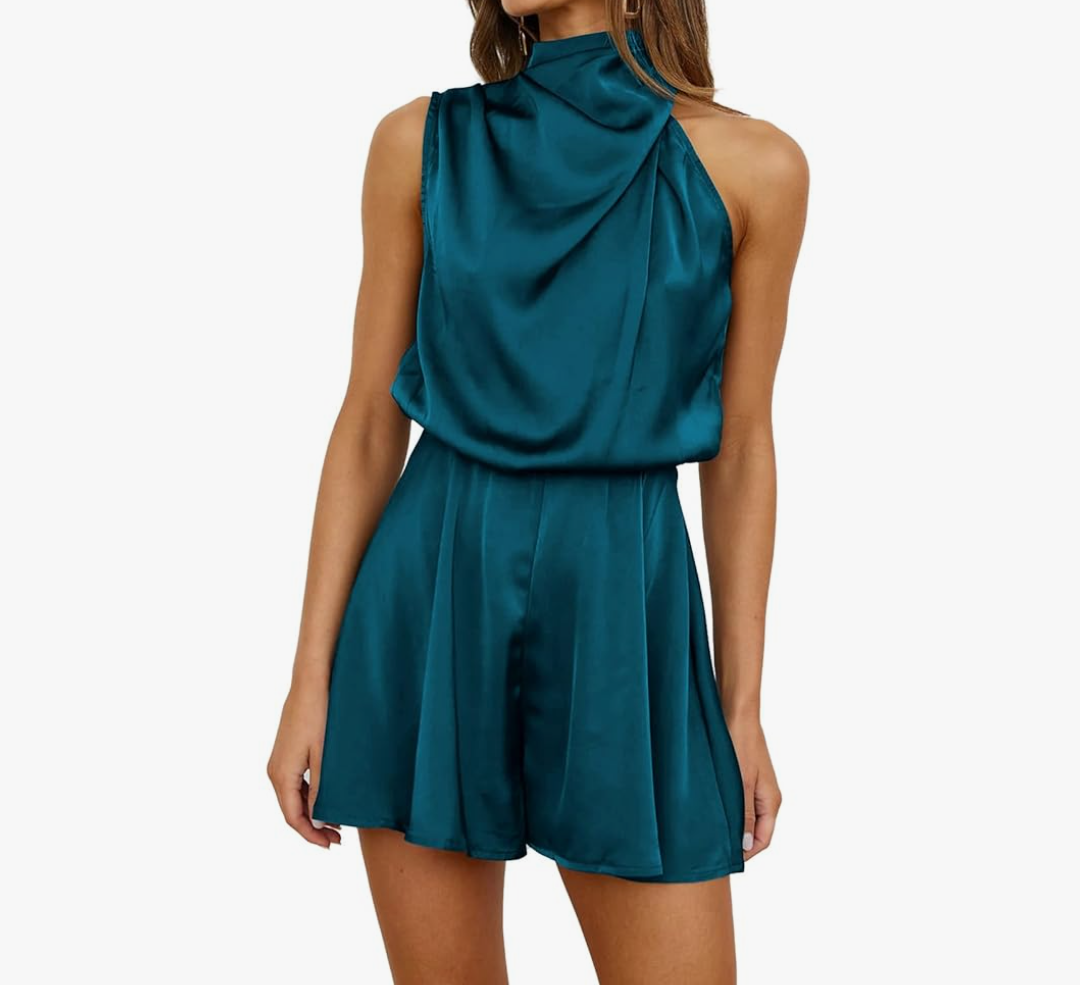 Women Mock Neck Satin Dresses Tie Waist Cocktail Dress Elegant Sleeveless Summer Dresses Above Knee Length, XL