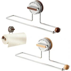 Removable Suction Cup Paper Towel Holder, Suction Towel Holder, Wooden Paper and Stainless Steel Paper Towel Holder for Under Cabinet, Bathroom (2-Pack: 1 Natural Wood Color, 1 Walnut Color)