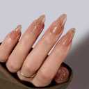 BTArtbox Press On Nails Almond - Press On nails with 3D Gold Lines Design, Medium Glue On Nails with Nail Glue, Gold Swirl Stick On Nails in 15 Sizes, Radiant Ribbons