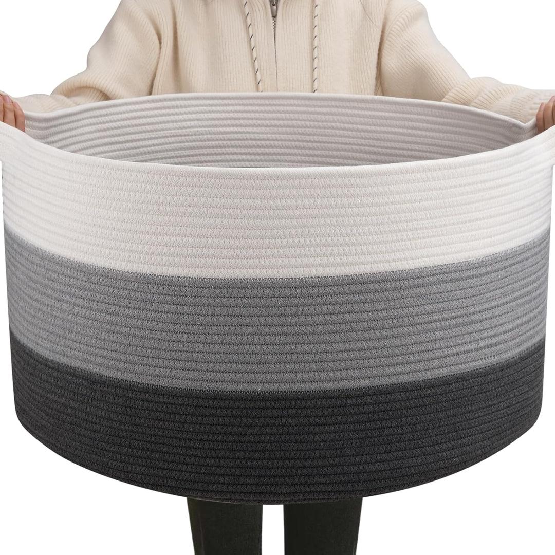 OIAHOMY 90L Blanket Basket for Living Room, Large Basket 23" x 23" x 13" with Handle, Laundry Hamper for Blankets, Pillows, Toy Storage for Kids, Dogs - Gardient Dark Grey