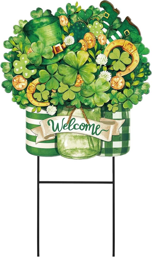 Amyhill St Patricks Day Outdoor Deorations Irish Garden Metal Stakes 25 Inch Lucky Shamrocks Welcome Yard Signs Happy St Patricks Day Decor Irish Outdoor Decorative Garden Stakes Patio Lawn Walkway