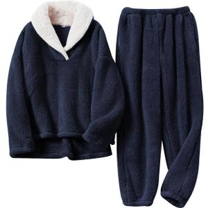 Arssm Mens Fluffy Pajamas Set 2 Piece Fleece Pjs Loose Plush Winter Warm Cozy Loungewear Sleepwear (Small, Darkblue)