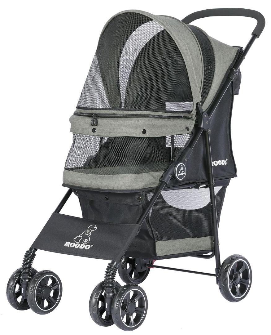 ROODO 4 Wheel Dog Cat Pet Stroller Best Lightweight Foldable Compact Portable Jogger All Terrain Travel Pet Gear Puppy Doggie Bunny Kitty Stroller for up to 30lbs Medium Small Dogs Cats(sage Green)