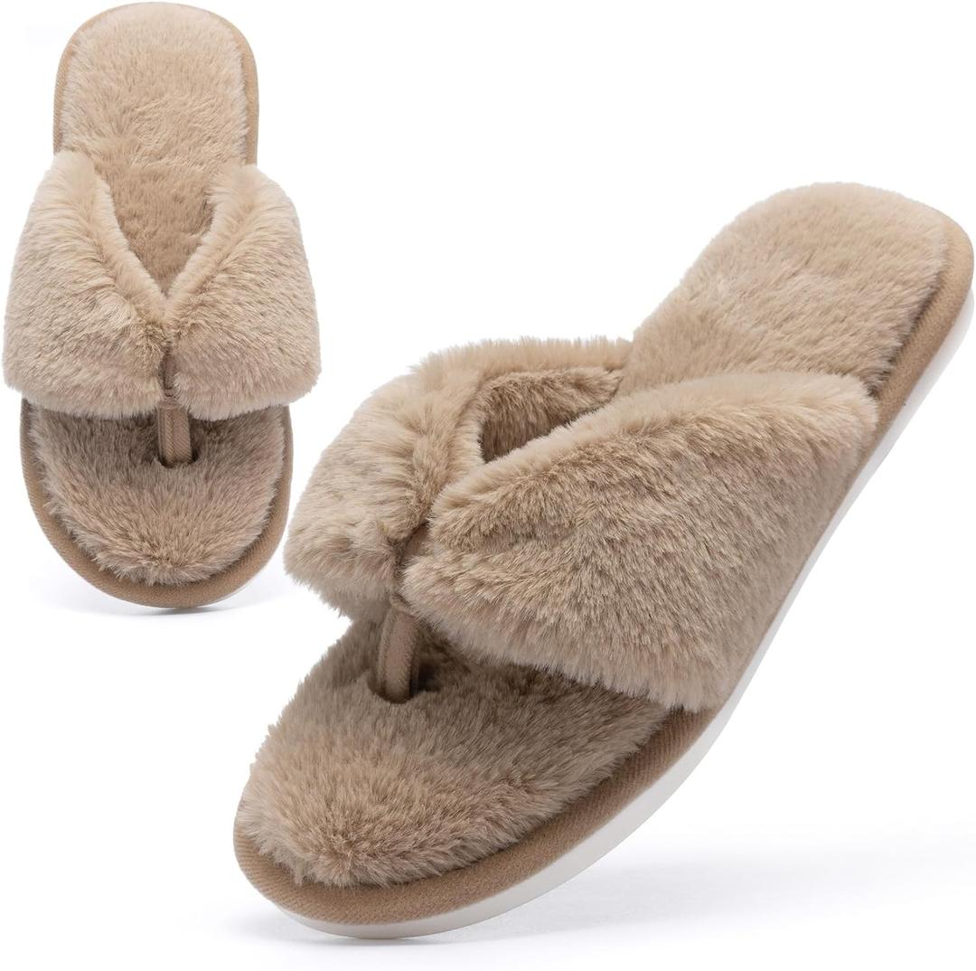 MAXTOP Fluffy House Slippers for Women Open Toe Cute Memory Foam Flip Flop Slippers Indoor Outdoor Soft Slides Shoes (7-8 Women/5-6 Men, Dark Brown)