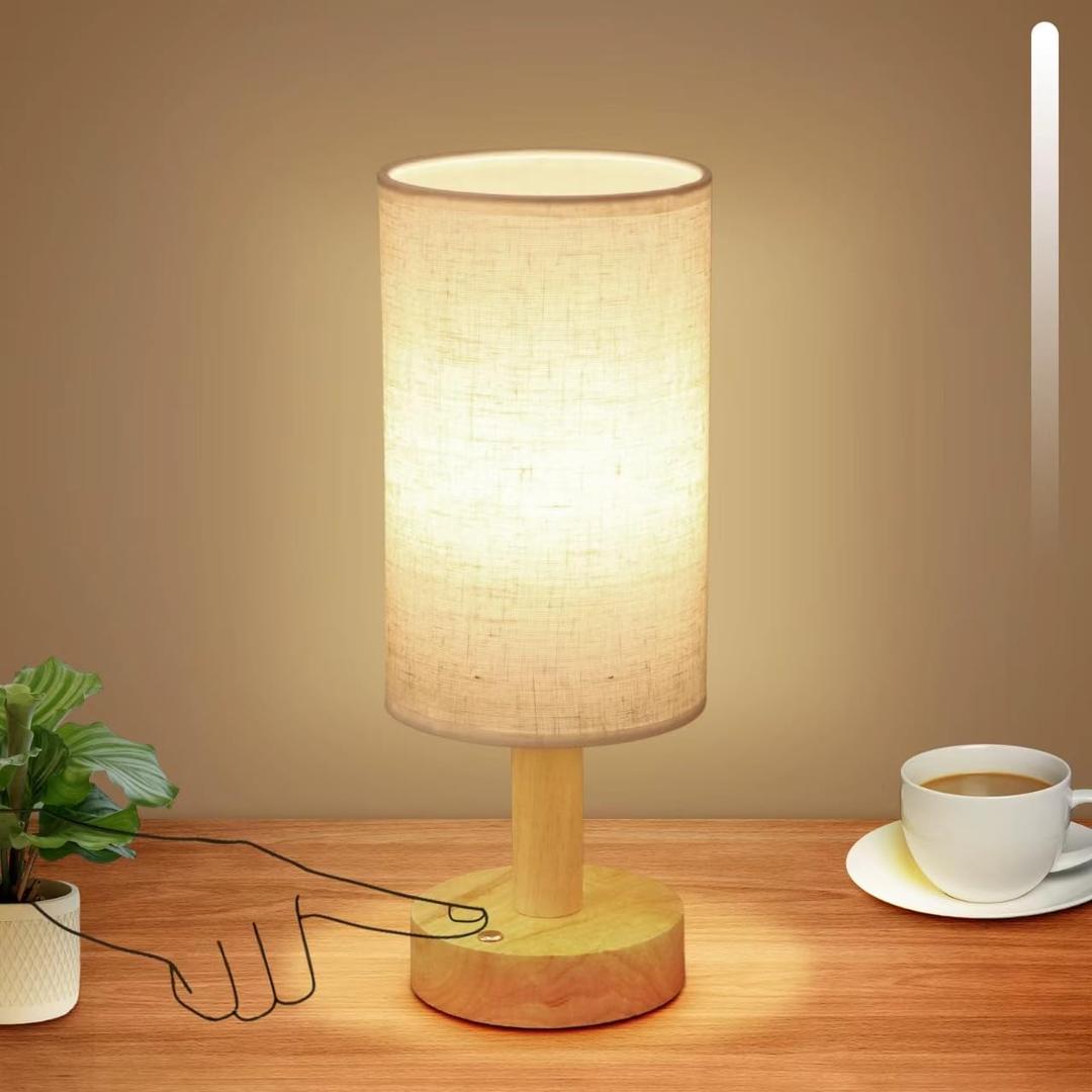 Rechargeable Cordless Touch Table Lamp with Stepless Dimming,Natural Wood Base&Linen Shade,Small Battery Wireless Ambient Night Light for Bedroom,Bedside,Nightstand,Nursery,Kitchen,Camping,Outdoor (Round - Cordless Touch - Set of 1)