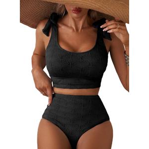 Herseas Women 2 Piece High Waisted Bikini Sets Seashell Textured Tie Strap Swimsuits Bathing Suit Beach Summer Outfits (Black, M)