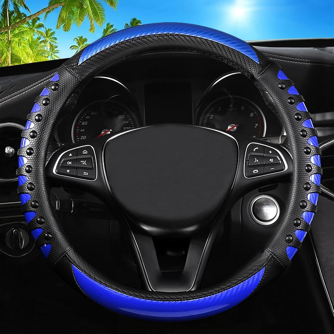 Car Leather Steering Wheel Cover - Carbon Fibre Material, Universal 14.5-15 Inch Leather Anti-Slip Breathable Auto Steering Wheel Covers for Men Women (3D Massage - Sports Blue)