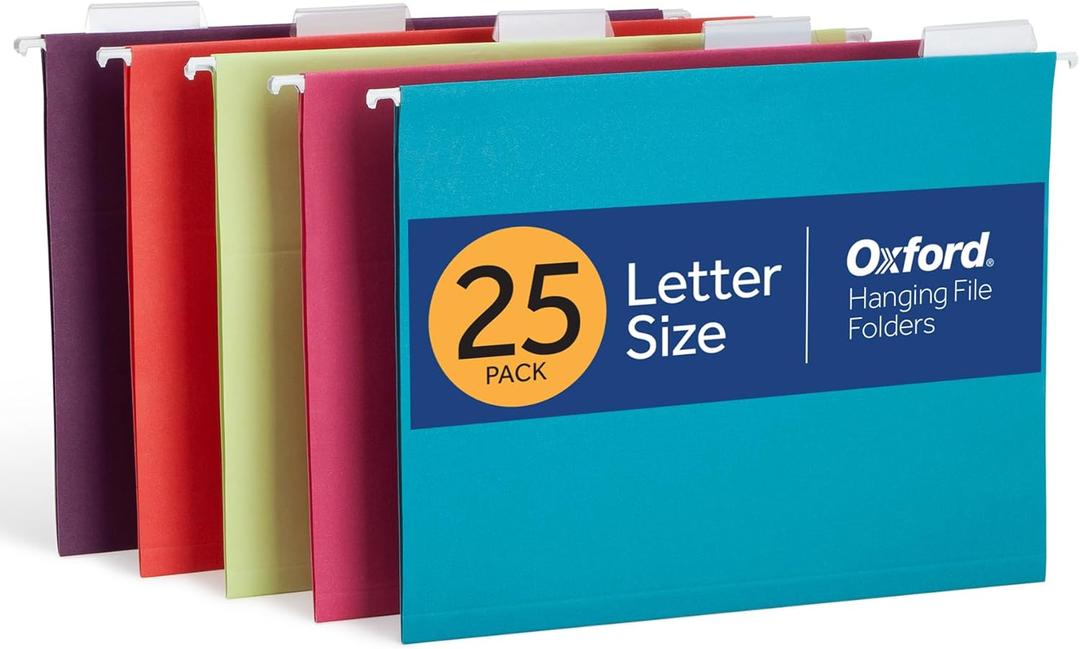 Oxford Hanging File Folders, 25 Pack, Letter Size (8.5" x 11"), 5 Bright Colors, 5 Tab Positions, Includes Tabs and Inserts, Hanging Files for Office and Document Organization