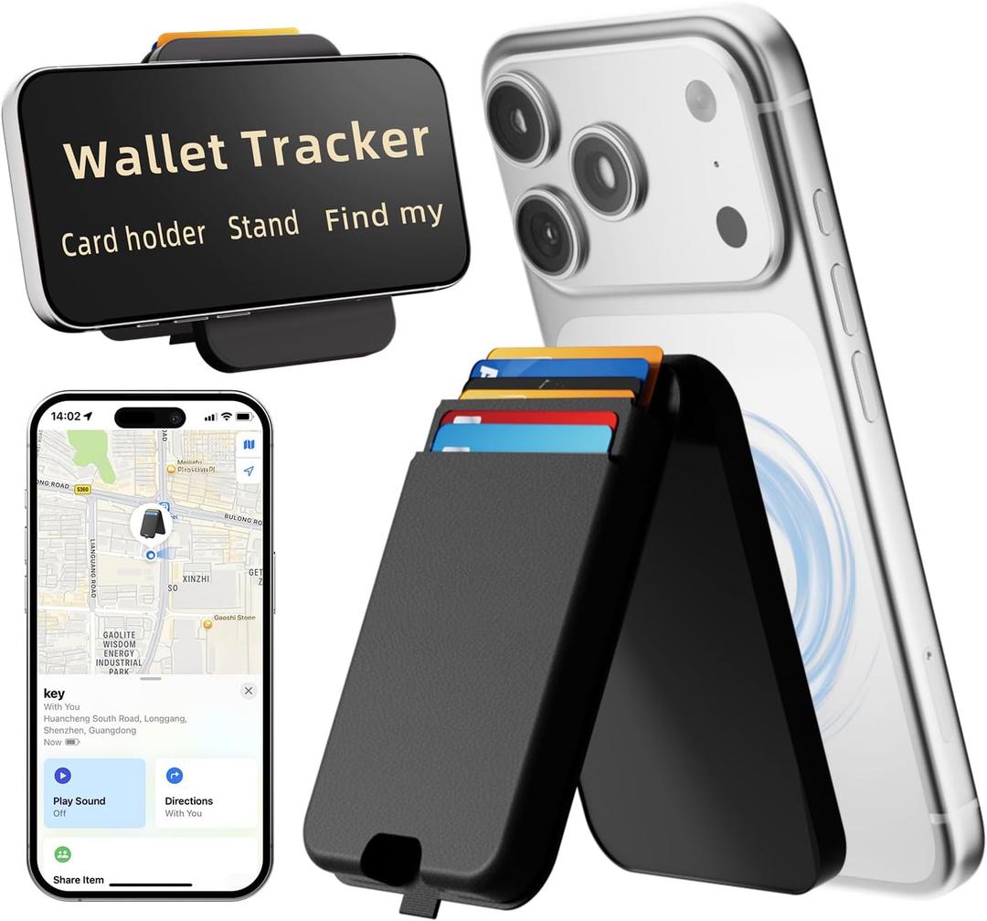 Magsafe Wallet Find My with Tracker, RFID Blocking Magnetic Wallet for iPhone 17/16/15/14/13/12 Series, 6 Cards Holder, Adjustable Stand, Rechargeable Mag Safe Wallet for Minimalist Men (Black)