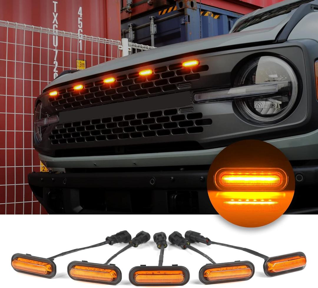 5 Pcs Front LED Grill Lights Compatible with Ford Bronco Accessories 2021 2022 2023 2024 2025 2/4 Door Badlands Wildtrak Everglades & Stroppe Edition (Amber Light with Amber Shell)