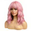 BERON 14 Inches Pink Wig for Women Girls Short Curly Synthetic Wig with Bangs Lovely Pink