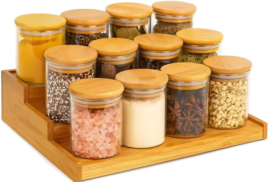 OrdiZen Home - Bamboo Spice Rack Organizer with 10 Glass Jars - Premium Kitchen Cabinet & Countertop Complete Set - Eco-Friendly & Gift-Ready