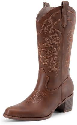 DREAM PAIRS Cowboy Boots for Women Cowgirl Western Boots Fashion Embroidery Stitched Chunky Heel Mid Calf Boots 6.5