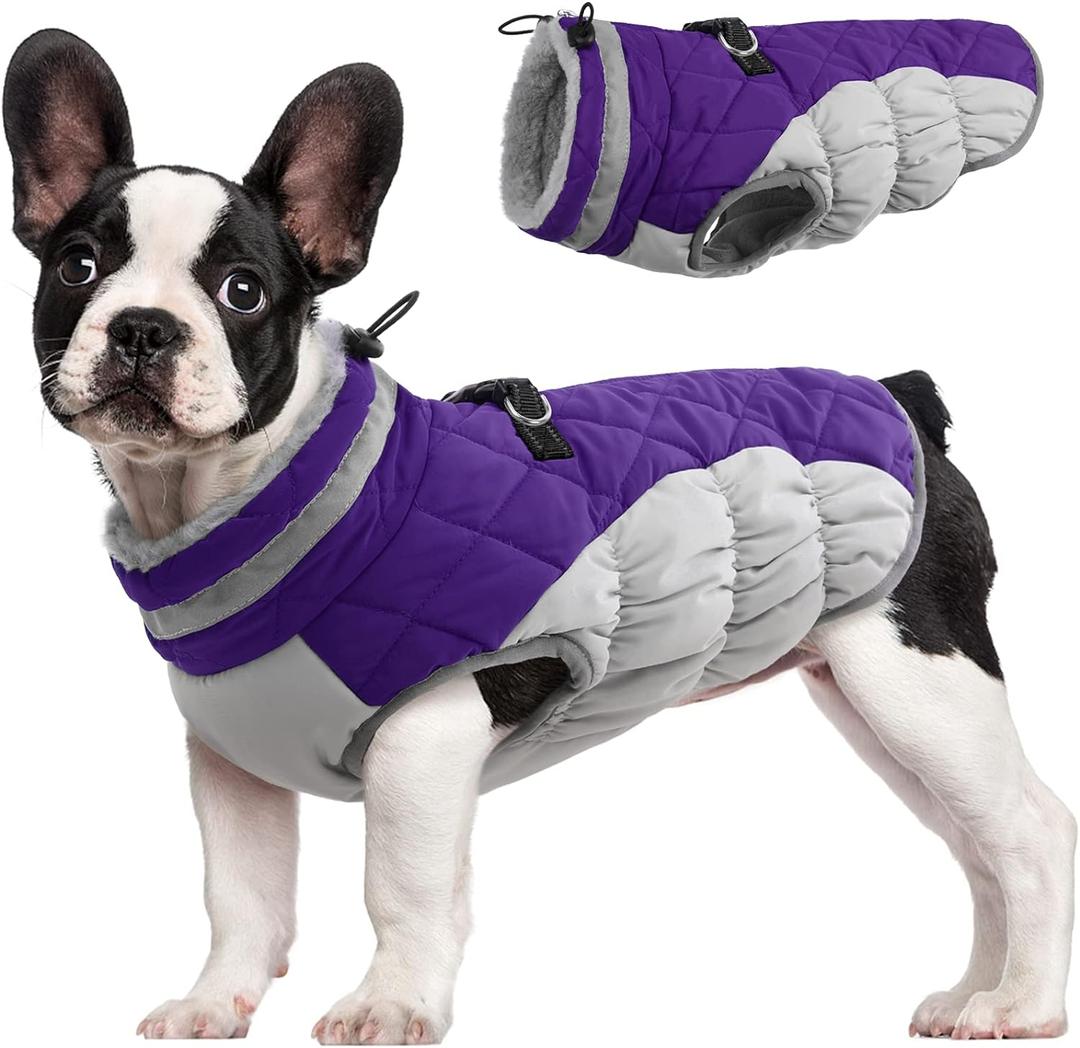 FUAMEY Dog Coat for Small Dogs,Waterproof Dog Winter Jacket with Harness Built in Puppy Cold Weather Coats Reflective Pet Vest with Zipper Warm Fleece Dogs Snowsuit Windproof Purple XS (XS(chest:14in))