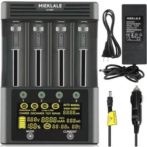 18650 Battery Charger, MIEKLALE 4-Bay 3A Fast Rechargeable Battery Charger with Smart LCD Display,Discharge & Testing Functions for Rechargeable Batteries Li-ion 16340 18650 26650 10440 14500