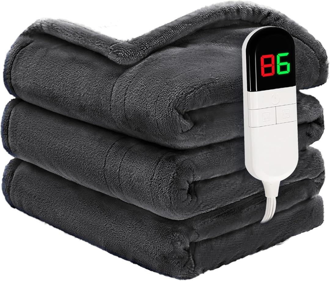 PTQ Heated Throw Blanket 50"x60" - Premium Cosy Soft Electric Blanket with 6 Heating Levels,Fast Heating Flannel Sherpa Blanket for Bed & Couch - Auto Shut Off/Machine Washable (Grey)
