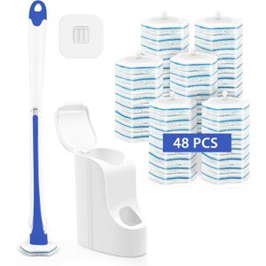 JEHONN Disposable Toilet Brush with 48 Wand Cleaner Refills, Wall Mounted Toilet Bowl Brush Holder Set, Bathroom Cleaning System for Sink Bathtub Wash Basin (Blue)