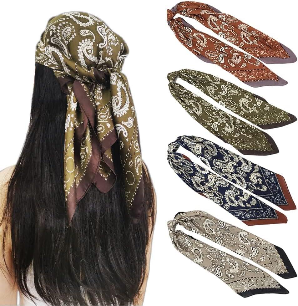 FONYVE Silk Feeling Scarf Medium Square Satin Head Scarf for Women 27.5  27.5 inches (32 Paisley (Khaki/Maroon/Mustard/Navy))