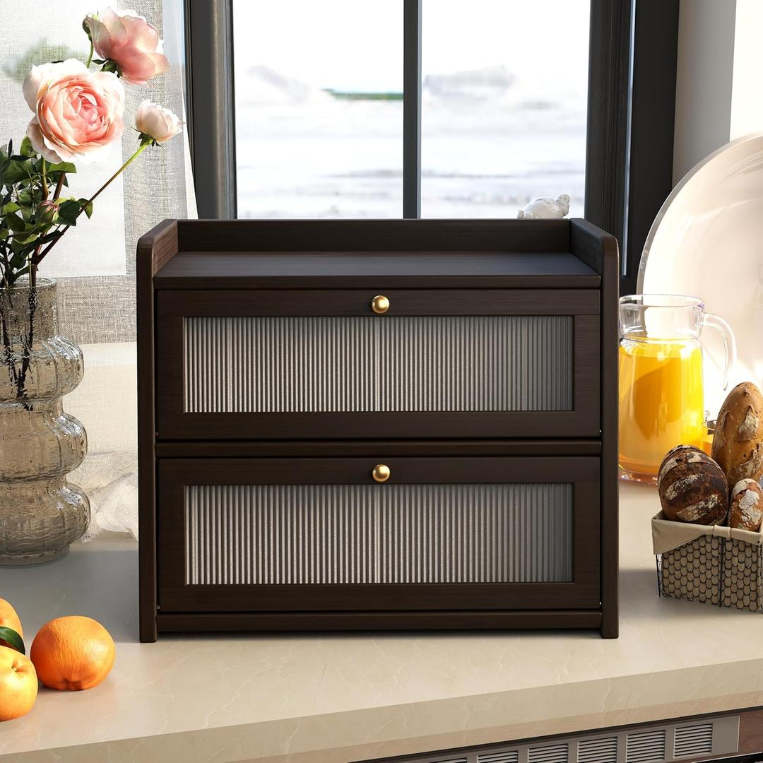 Wilk Bread Box, 2-Layer Bread Box for Kitchen Countertop, Large Capacity Bread Storage Contain Bin - Black