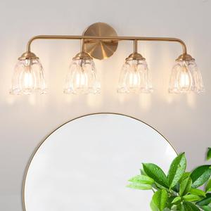 Daunton Vintage Bathroom Vanity Light, Brown Bronze Vanity Lighting, 4-Light Bathroom Lighting Fixtures Over Mirror, Elegant Flower Glass Light with Clear Shade, Gold Wall Sconce Lighting for Bedroom, 24.8in