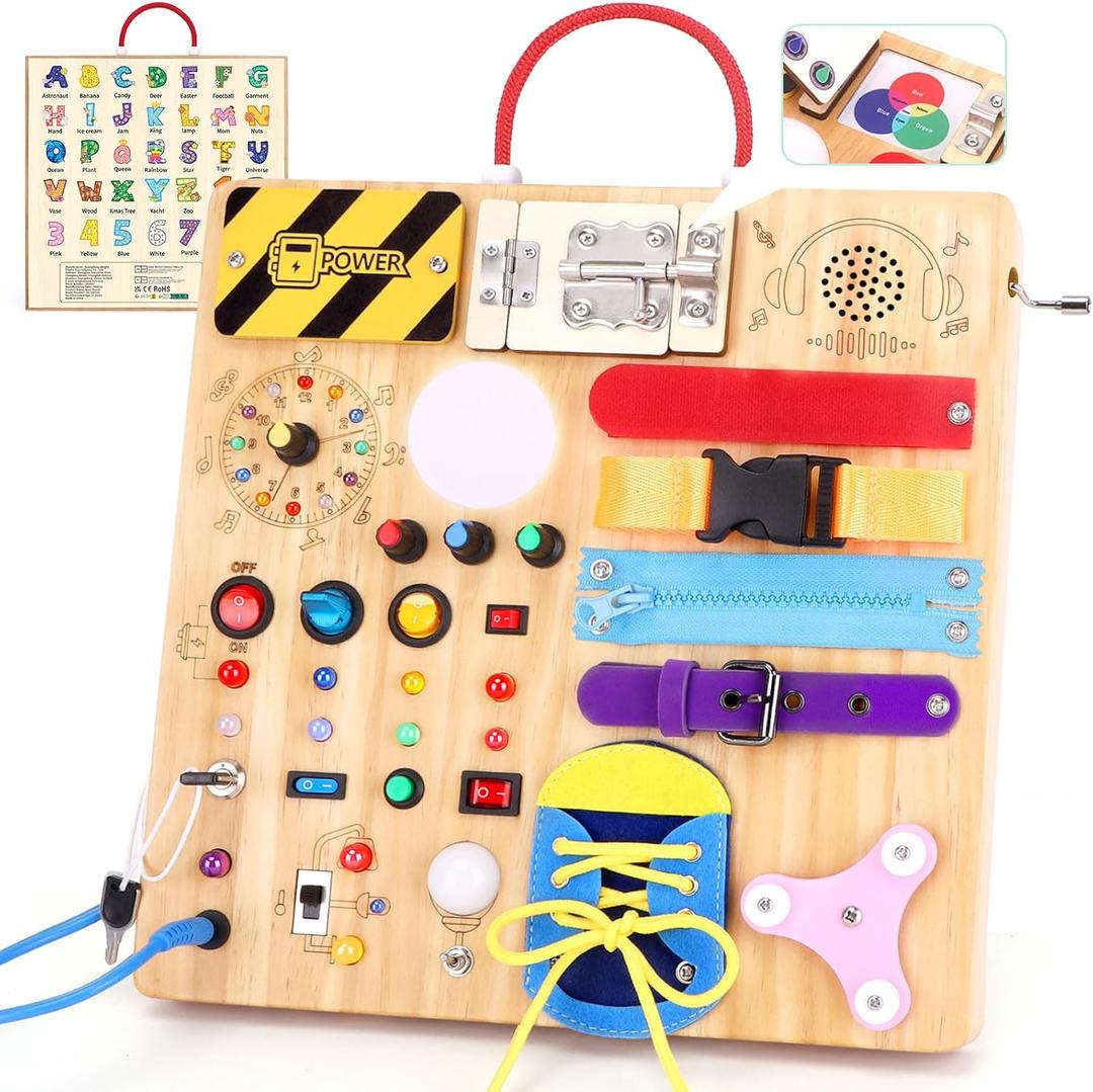 23-in-1 Montessori Busy Board with LED Lights Educational Wooden Activity Toy for Toddlers Ages 1-3, Travel Sensory Board with Switches Locks Music Box Fine Motor Skills Learning Toy for Boys Girls