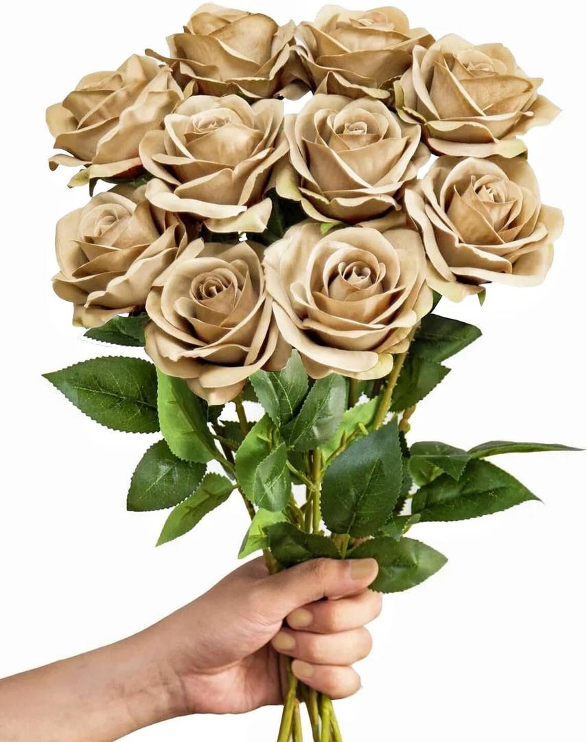 LFF 10Pcs Light Brown Rose Artificial Flowers, Faux Silk Roses with 21.2" Long Stems & 2.36" Large Blooms, Lifelike Fake Roses for DIY Wedding Bouquet Home Party Vase Filler Table Centerpiece Decor