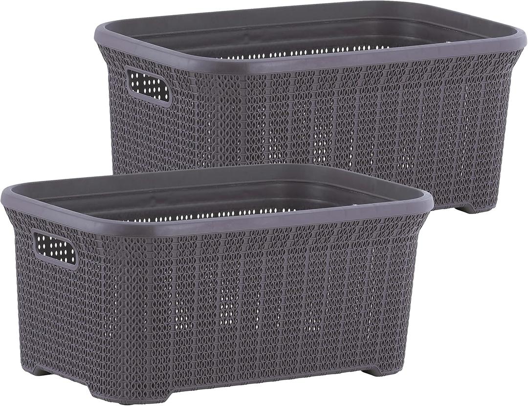 Plastic Laundry Basket Designed Small Storage Hamper Basket, Cloths Basket Organizer with Cut-out Handles. Space Saving for Laundry Room Bedroom Bathroom, Knit Design 40 Liter. (Purple, 2-pack)