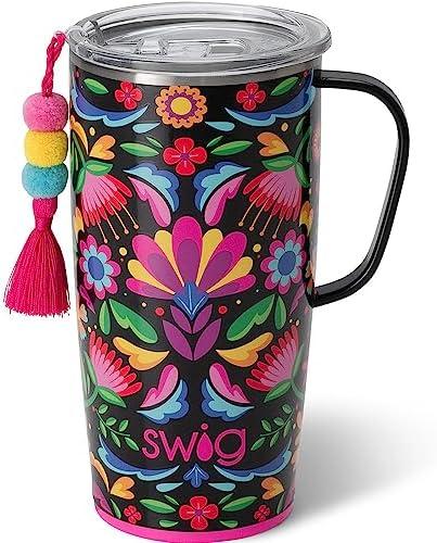 Swig Life Stainless Steel 22oz Travel Mug, Insulated Tumbler with Handle and Lid, Cup Holder Friendly, Dishwasher Safe, Caliente
