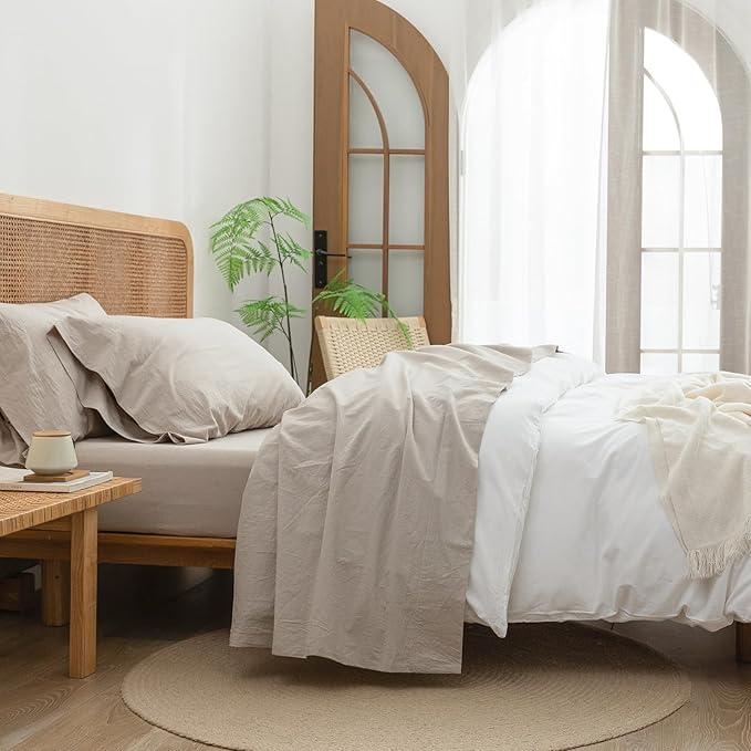BESTOUCH Sheet Set 100% Washed Cotton Linen Feel Super Soft Comfortable Chic Lightweight 4 Pcs Home Bedding Set Solid Linen Grey Full