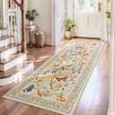 Beige Floral 5x7 Washable Area Rug, Non-Slip Low-Pile Carpet for Living Room, Bedroom