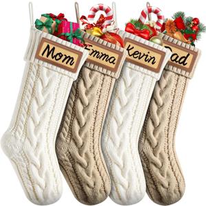 Dalzom 4Pcs Personalized Christmas Stockings with Leather Patches Custom Name, 18 Premium Large Knitted Christmas Stockings for Kids, Family, Holiday and Fireplace Party Decoration (Ivory, Flaxen)