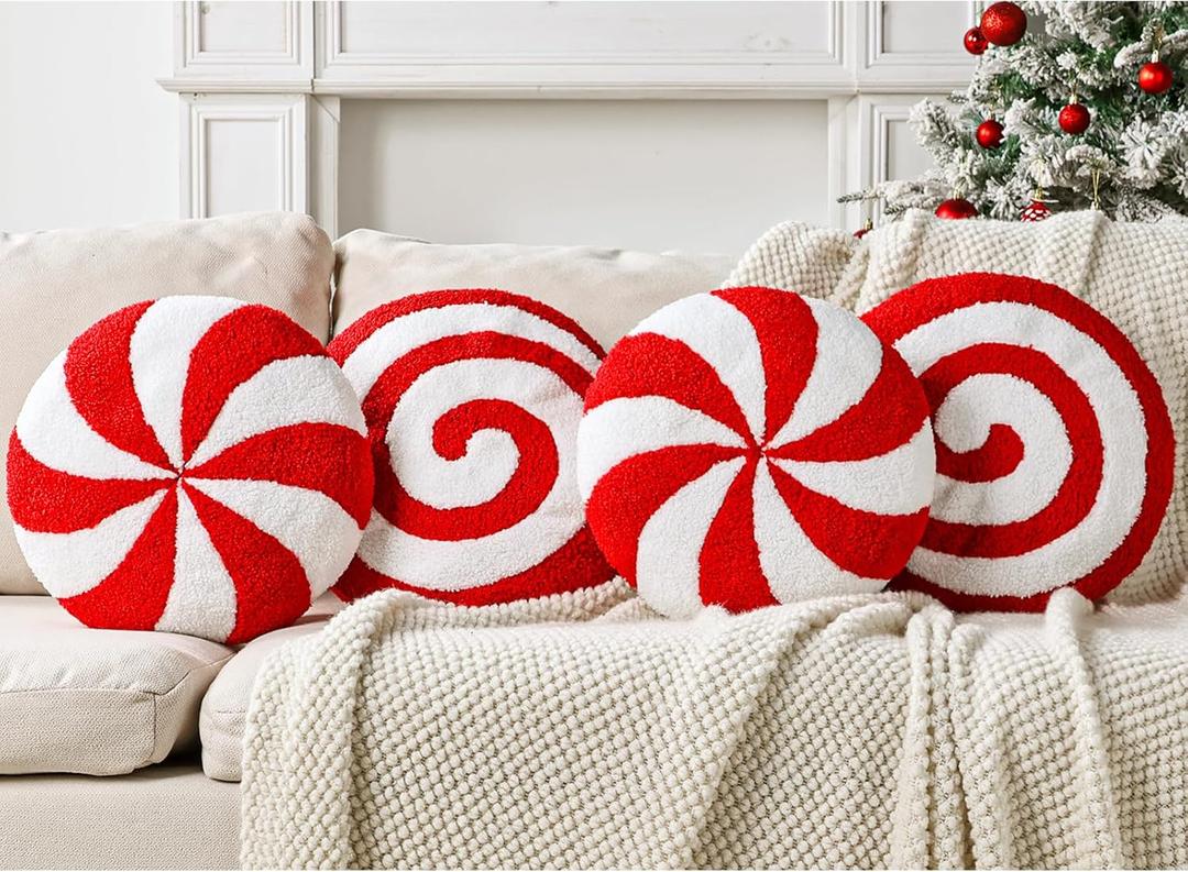 Christmas Decorations Plush Throw Pillows: Set of 4 Cute Teddy Fleece Red White Peppermint Candy Pillow, Soft Stuffed Lollipop Cushion Xmas Decor Indoor for Kid Home Sofa Bed Office Couch Living Room