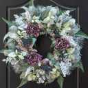 Winter Wreath for Front Door, 24 Inch Christmas Snow Covered Artificial Door Wreath with Purple Peonies, Green Leaves, Pine Cones and Berries, Winter Decor for Indoor or Outdoor
