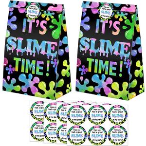 Slime Goodie Bags-24 Pcs Slime Party Favors Candy Bags with Stickers, Slime Goody Gift Treat Bags Slime Themed Birthday Party Supplies